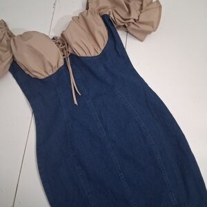 Stylish Off-Shoulder Denim and Tan Dress